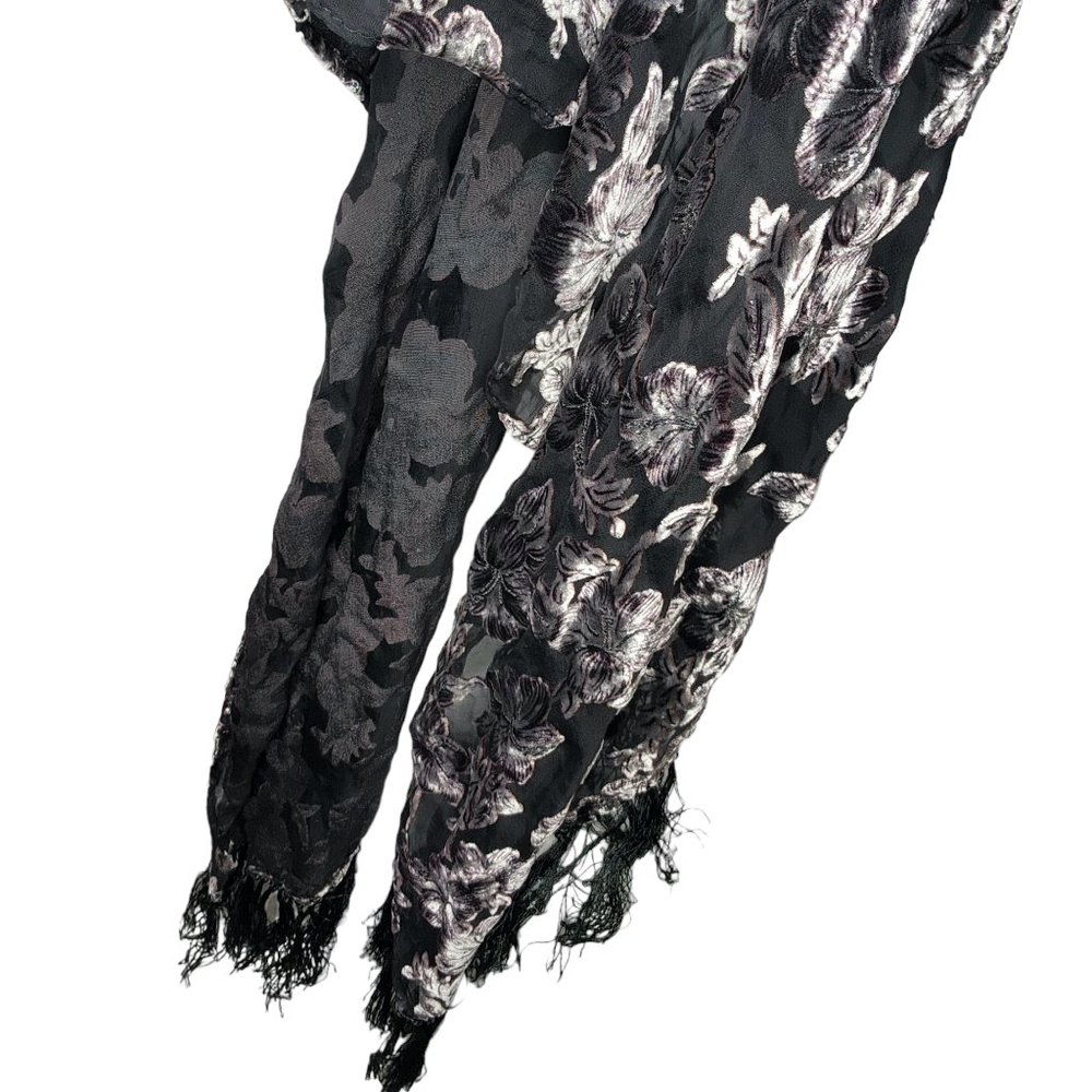 Formal scarf Black silver pure silk mesh chiffon rayon silver embroidery 170x50 - Picture 7 of 8
